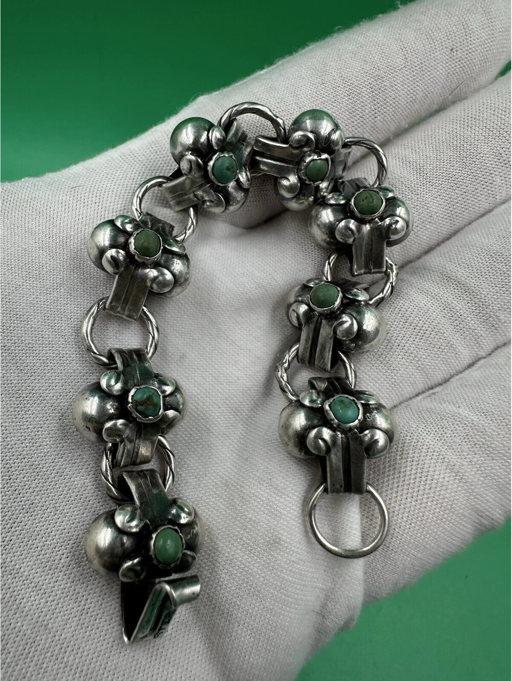 Vintage Mexico Sterling Silver Turquoise Floral Design Link Bracelet 7”